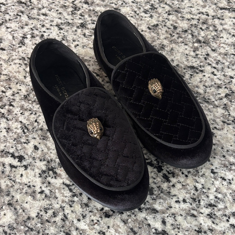 Kurt Geiger Black Velvet Loafers with Gold Accent